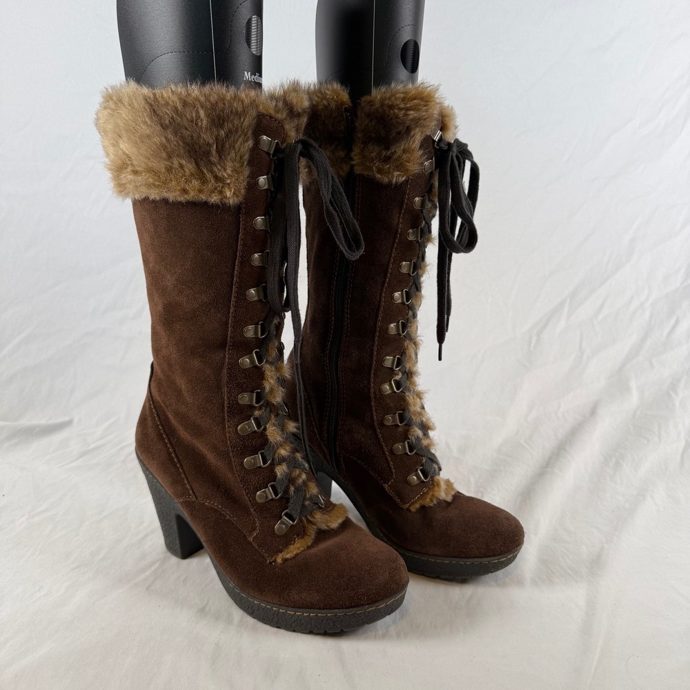 B.O.C. Womens Brown Suede Leather Faux Fur Lace Up Tall Boots Block Heel Y2K 9